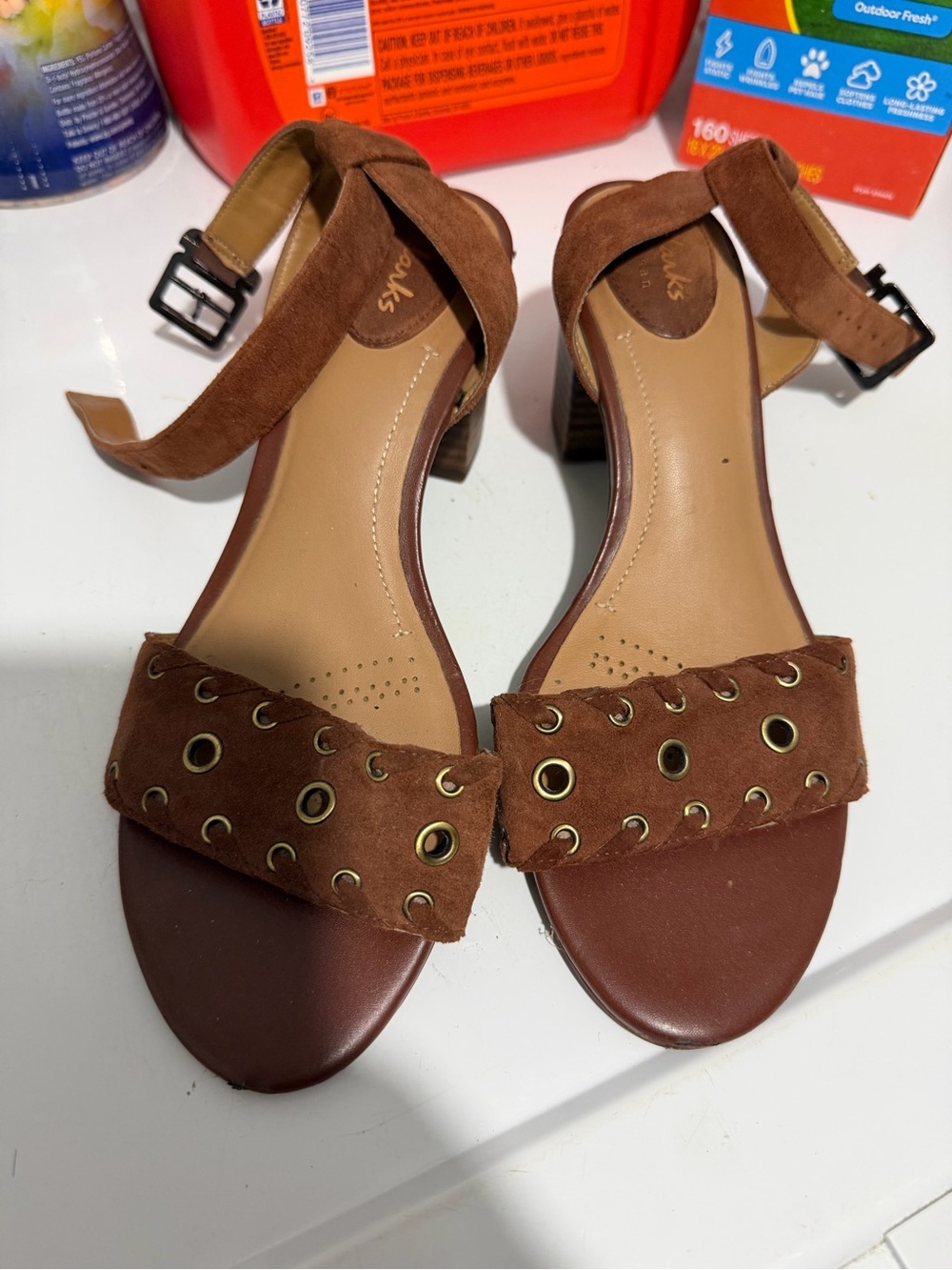 Clarks Brown Suede Eyelet Ankle-Strap Heels